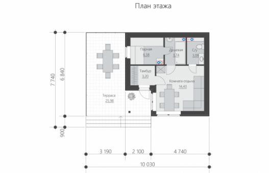 Одноэтажная баня с террасой и комнатой отдыха.