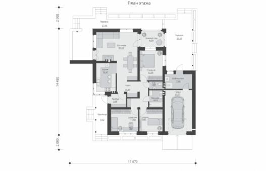 Проект индивидуального одноэтажного жилого дома с террасами и гаражом