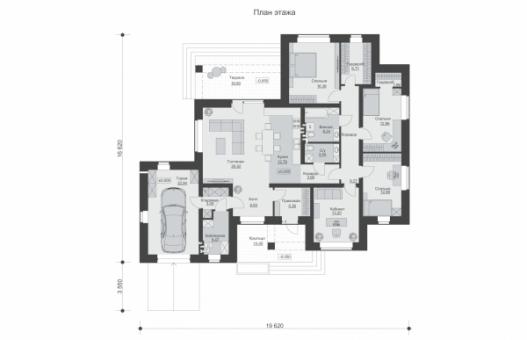 Одноэтажный дом с террасой, гаражом и отделкой красным облицовочным кирпичом